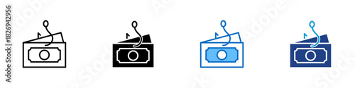 Financial Fraud and Scam Multiple Style Icon Design Vector - stack of money being hooked by a phishing hook, representing deceptive financial activity, theft attempts, and scam awareness