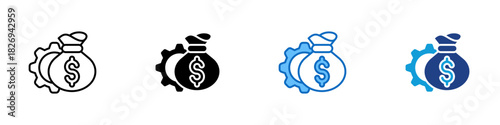 Fund Management Multiple Style Icon Design Vector - money bag with a dollar sign placed beside a large gear, representing financial control, allocation processes, and operational handling of funds