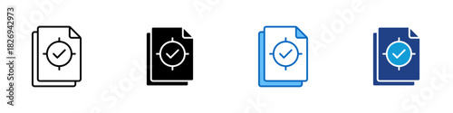 Reliable Data Multiple Style Icon Design Vector - Stacked papers with a precision target and checkmark representing accurate and trustworthy scientific data