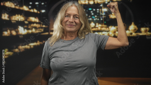 Wallpaper Mural Senior woman flexes arm and clenches fist in studio beside lit display shelves, smiling with toned biceps and casual tshirt; resilience. Torontodigital.ca