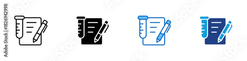 Research Report Multiple Style Icon Design Vector - tube and paper with pen representing documenting results, compiling data, and reporting scientific findings