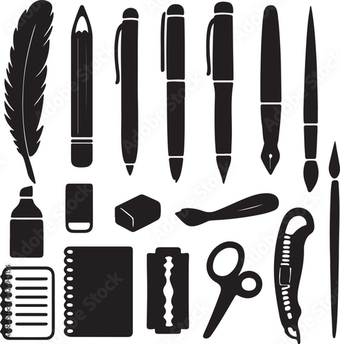  Versatile collection of essential writing and creative tools depicted in stylish black silhouette vector
