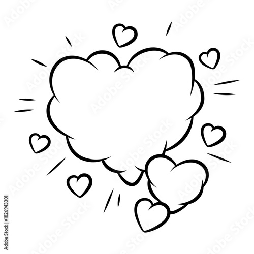 Valentine cartoon cloud hearts. Romantic speech bubble in comic style. Love greeting card.