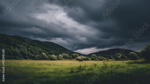 Impending stormy weather darkens a lush green valley nestled between forested hillsides
