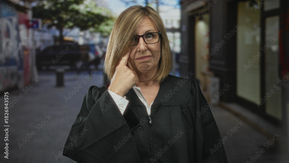 Fototapeta premium Middle age caucasian woman judge wearing black robe points finger to temple on a bustling city street under daylight; reflection.