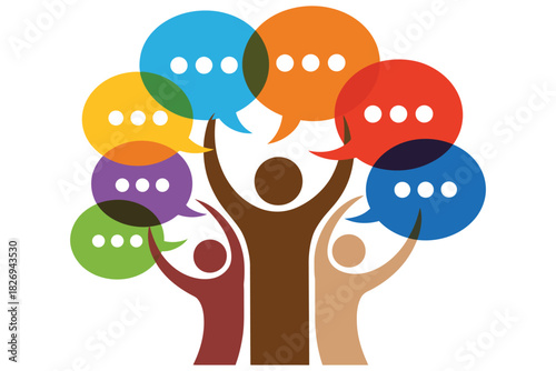 Diverse group of people sharing ideas and communicating through colorful speech bubbles.