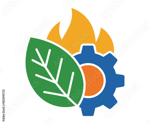 A leaf, a flame, and a gear combine to represent sustainable industry.