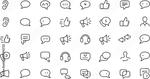 Sketchy Chat and Feedback Icons Set of Speech Bubbles Headsets and Social Media Elements in Doodle Style