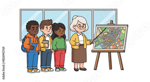 Teacher Explaining Map to Diverse Group of Children in Classroom Illustration
