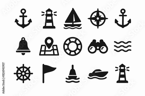 Nautical icons collection: lighthouses, anchors, compass, sailboat, buoy, wheel