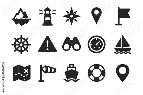 Nautical icons collection featuring lighthouse, compass, and sailboat symbols