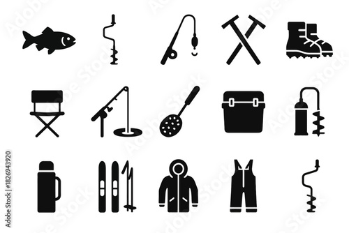 Winter fishing and outdoor gear: icons of equipment and essentials for cold weather adventures