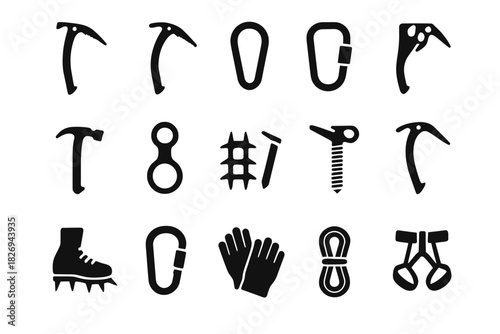Silhouette icons of essential climbing and mountaineering gear
