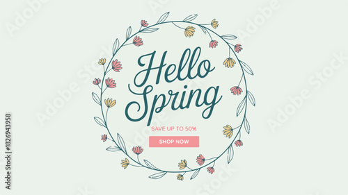 Hello Spring Floral Wreath Sale Announcement With Shop Now Button discount offer