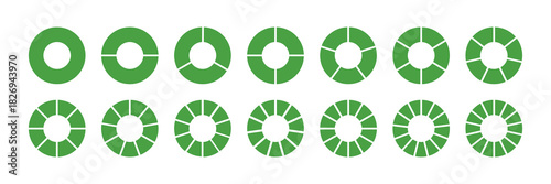 Circle division on 2, 3, 4, 5, 6, 7, 8, 9, 10, 11,12 ,13, 14 equal green parts. Wheel round divided green diagrams with two, four, five,  seven, eight, ten, eleven, twelve, thirteen, fourteen elements