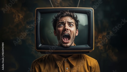 A unique artistic representation shows a person with a retro television head. The individual displays a range of emotions in a moody atmosphere that draws viewers in.