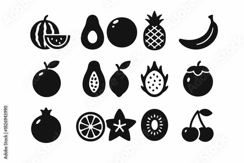 Silhouette icons of various fruits in a simple design