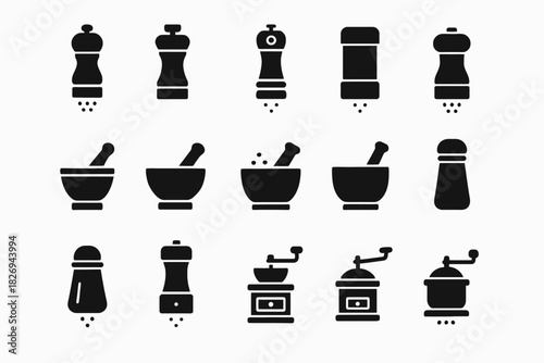 Set of black kitchen spice icons: grinder, mortar and pestle silhouettes