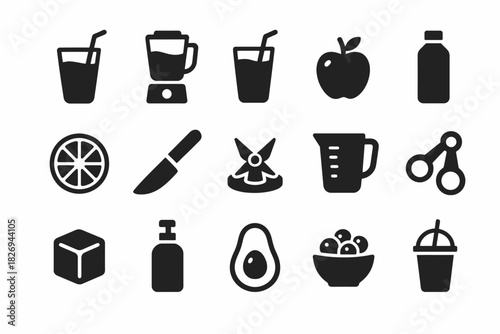 Smoothie ingredients and tools icons set: blender, fruits, knife, juice, avocado