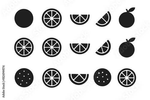 Set of black and white citrus fruit icons including slices and whole fruits