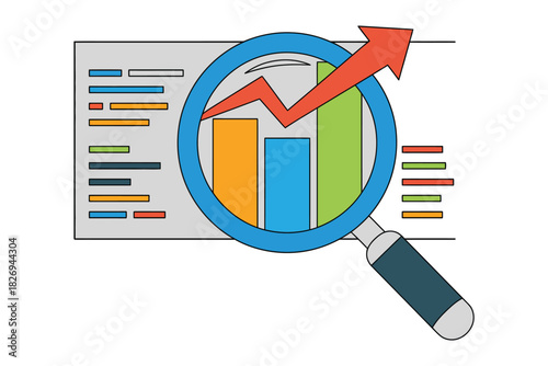 Magnifying glass over a bar graph showing upward trend and data analysis.