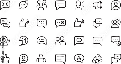 Sketchy Community and Communication Icon Pack Line Art Collection of Speaking Avatars Likes, and Megaphones