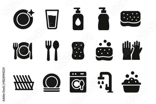 Set of kitchen cleaning icons: dishes, utensils, soap, sponge, gloves, water