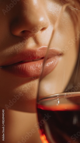 Close-up of a woman's lips over a glass of wine. Wine tasting concept.