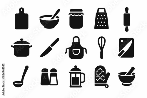 Kitchen utensils icons collection: cooking tools silhouettes set