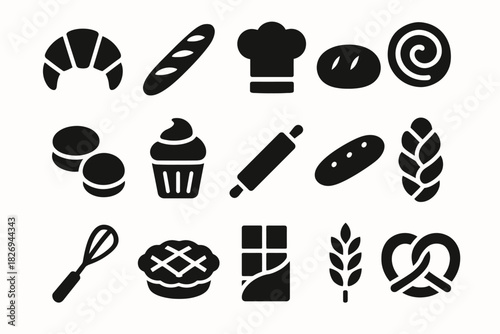 Black and white bakery icons set featuring bread, pastry, and baking tools