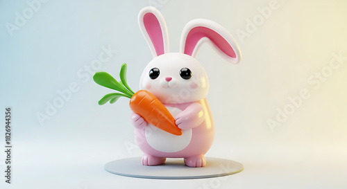Cartoon rabbit holding a carrot standing on a gray platform against a gradient background studio shot