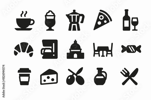 Set of food and drink icons: coffee, pizza, wine, and kitchen utensils in black