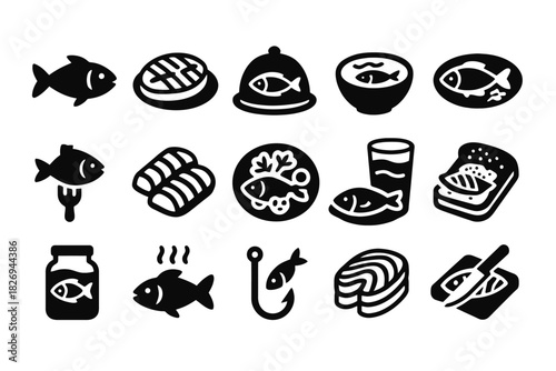Simple fish icon set featuring food and fishing elements