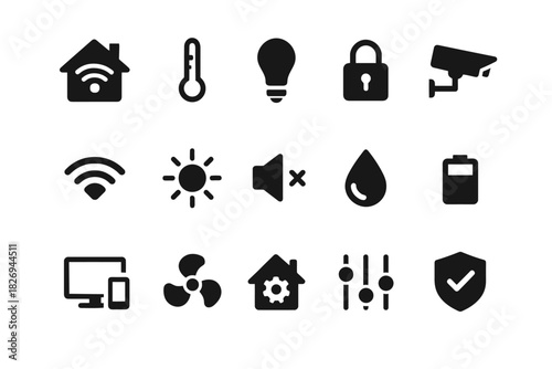 Smart home icon set: thermostat, security, lighting, connectivity, and power management symbols