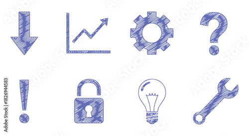 UI. Icon Set. Hand Drawn. A blue vector collection of eight user interface icons with a crayon or sketch texture for a website, a mobile app, or a business presentation design element.