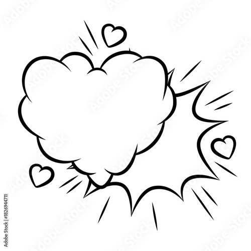 Valentine cartoon cloud heart with explosion. Romantic speech bubble in comic style. Love greeting card.