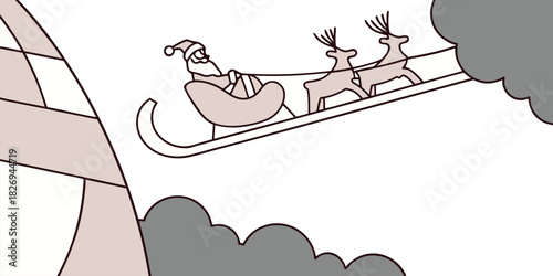 Santa Claus rides in his sleigh pulled by reindeer through the clouds, with a whimsical, stylized representation of the North Pole scenery.