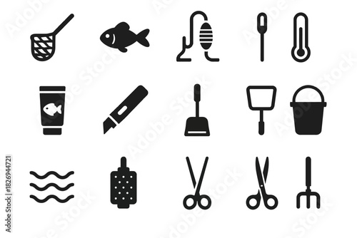 Various black silhouette fishing and gardening tools icon set collection