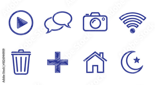 UI. Icon Set. Hand Drawn. A blue vector collection of eight user interface icons with a crayon or sketch texture for a website, a mobile app, or a creative design element project.