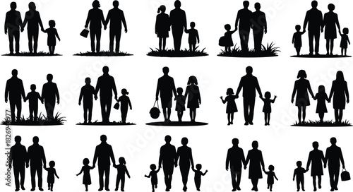 people silhouettes set , unity, love, care, bonding, lifestyle, support, relationship, group, walking, interaction, family silhouettes