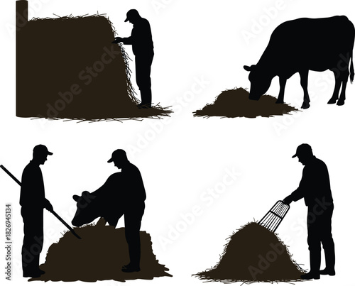 Farmer and cow silhouettes with hay, rural livestock feeding, agriculture work, farm animal posture, black vector illustration, village farming concept