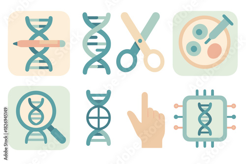 Genome editing process with dna icons and simple pastel design elements