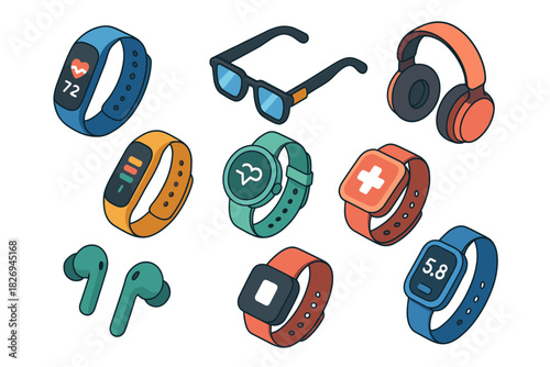 Modern wearable technology: smartwatches, headphones, and smart glasses in isometric design