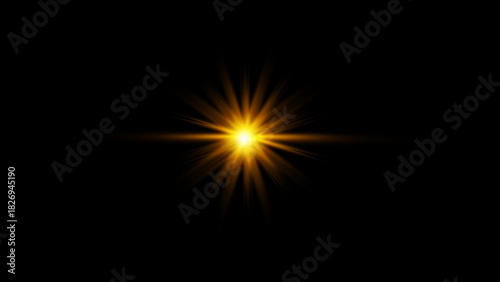 Golden starburst on black background. optical lens flare effect, Transparent sunlight lens flare.