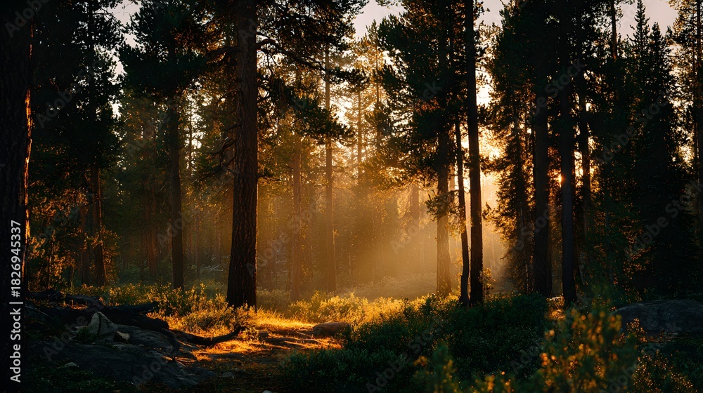 Obraz premium Sunlight streams through dense woodland illuminating the forest floor with golden rays