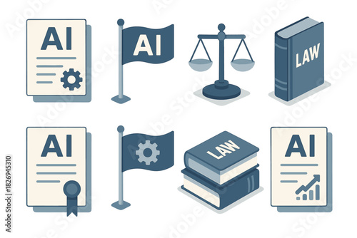 Ai and legal symbols in isometric style: balance scales, law books, certificates, flags