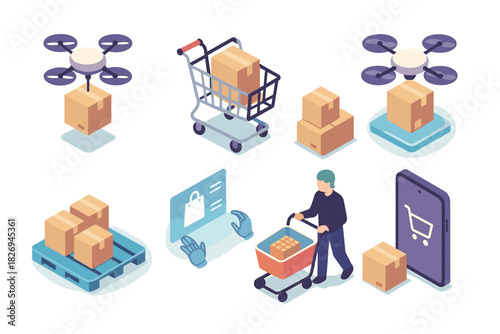 Isometric e-commerce and delivery elements with drones and shopping carts