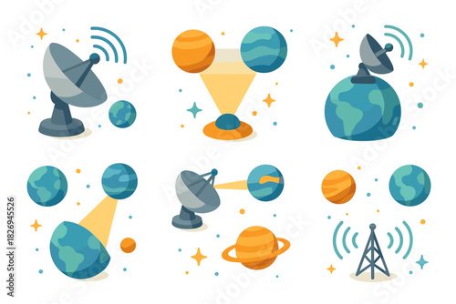 Planetary exploration and communication in space with satellite dishes and celestial bodies
