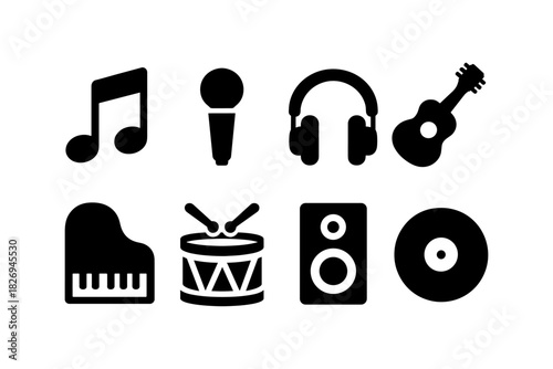 Silhouette music icons set: instruments, notes, and audio equipment