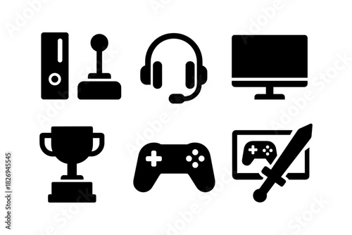 Gaming icons collection: console, controller, headset, monitor, trophy, sword